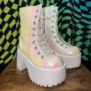 Demonia Let’s Stomp Hiker Boots - white iridescent vegan leather - New